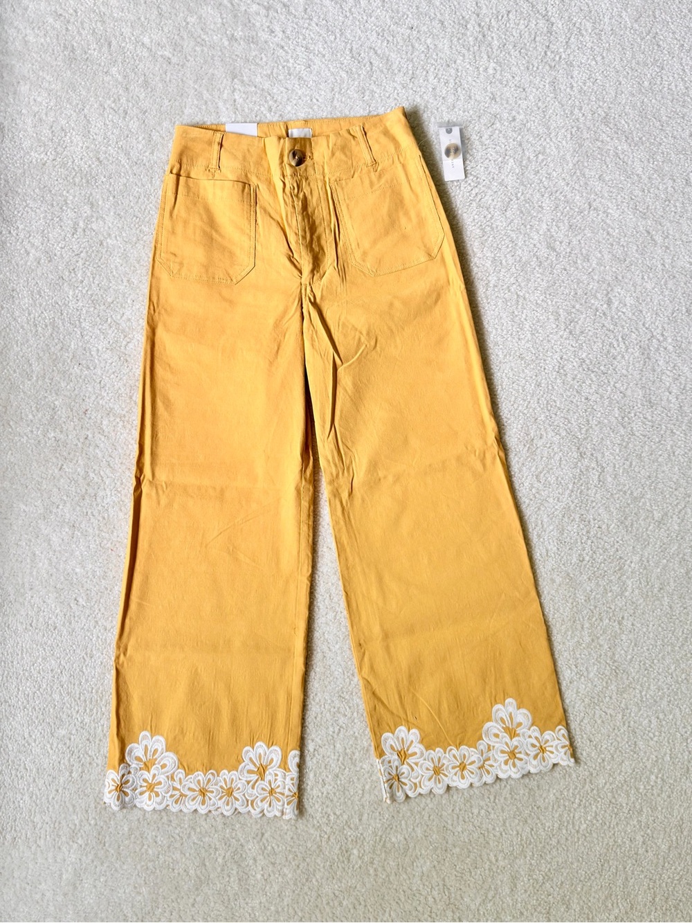Anthropologie Maeve Colette yellow Wide-Leg Pants w/ White embroidery- size 27 - Picture 4 of 8